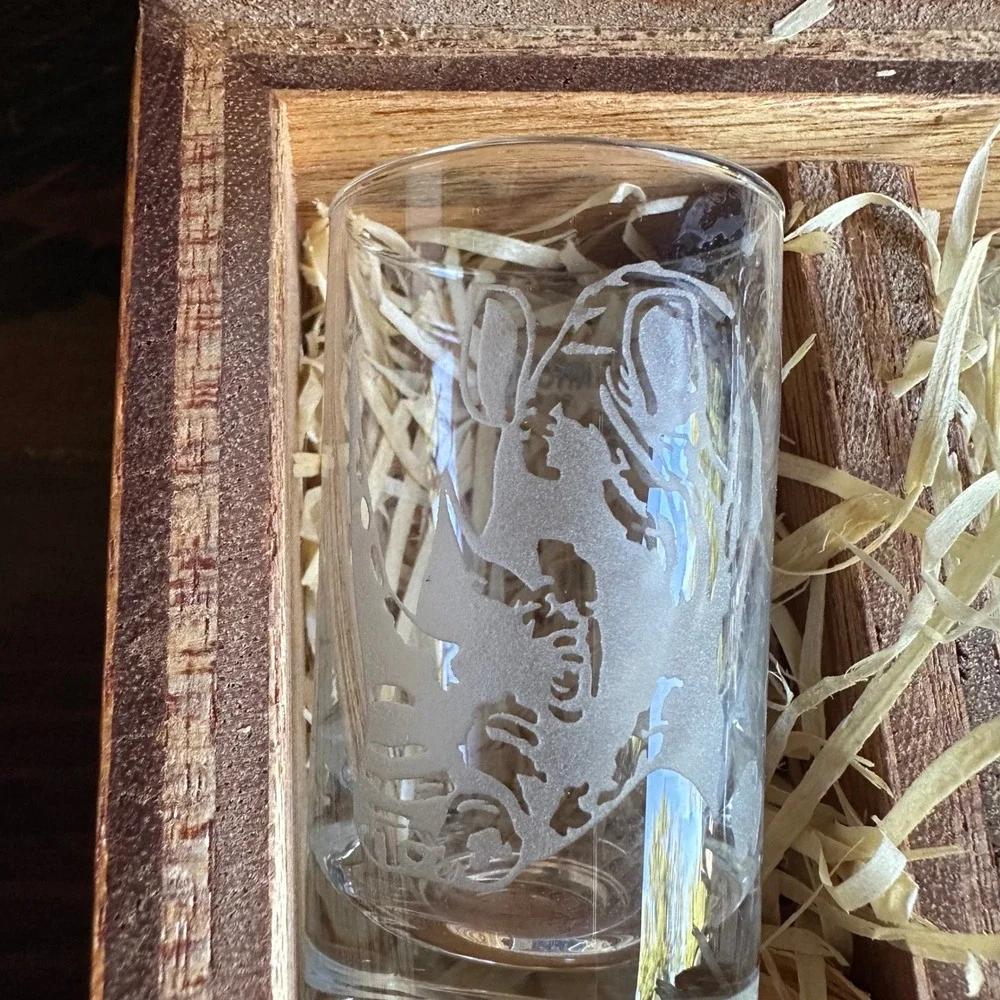 Krosno Poland Big 5 African Wildlife Etched Shot Glass Set 5pc Slatted Wood Box